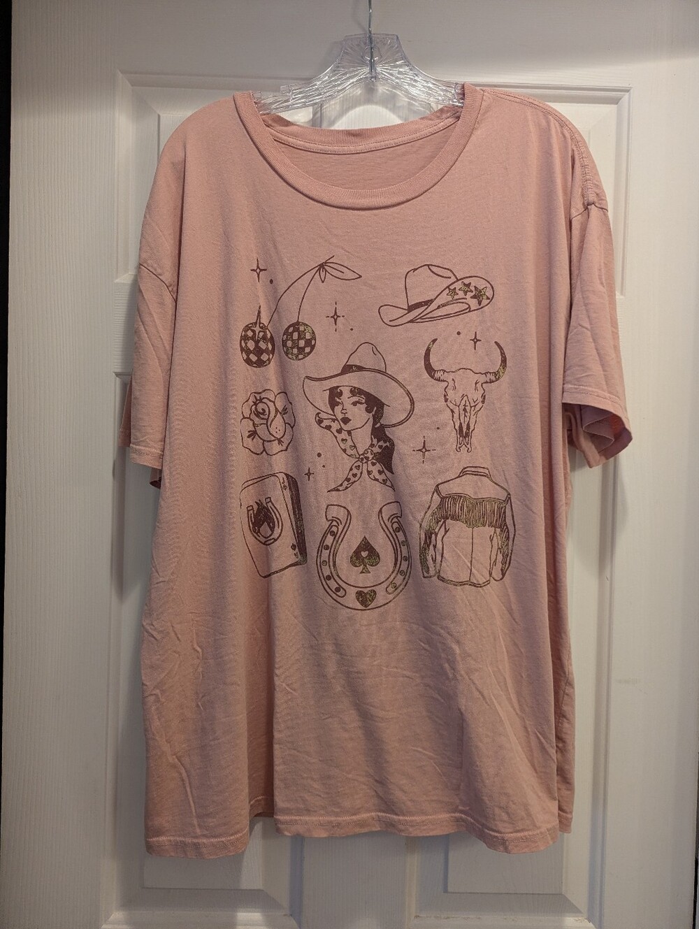 Mighty Fine Tan Brown Disco Cowgirl Graphic Relaxed T-Shirt Sz 2X *See Note